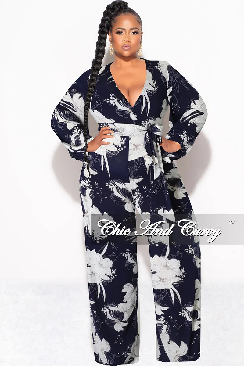Final Sale Plus Size Faux Wrap Jumpsuit with Waist Tie in Navy and White Floral Print Side slits