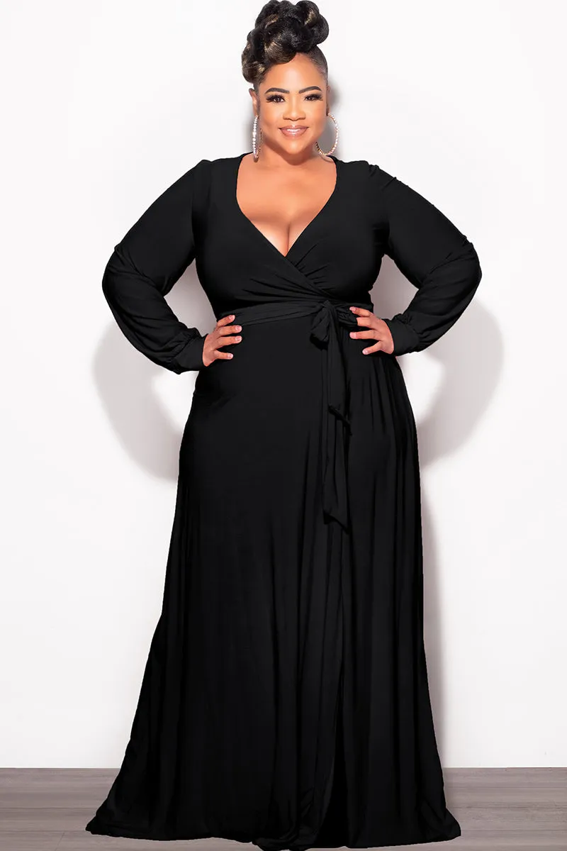 Final Sale Plus Size Faux Wrap Maxi Dress with Side Slit in Black Fresh Fit TearResistantPanels