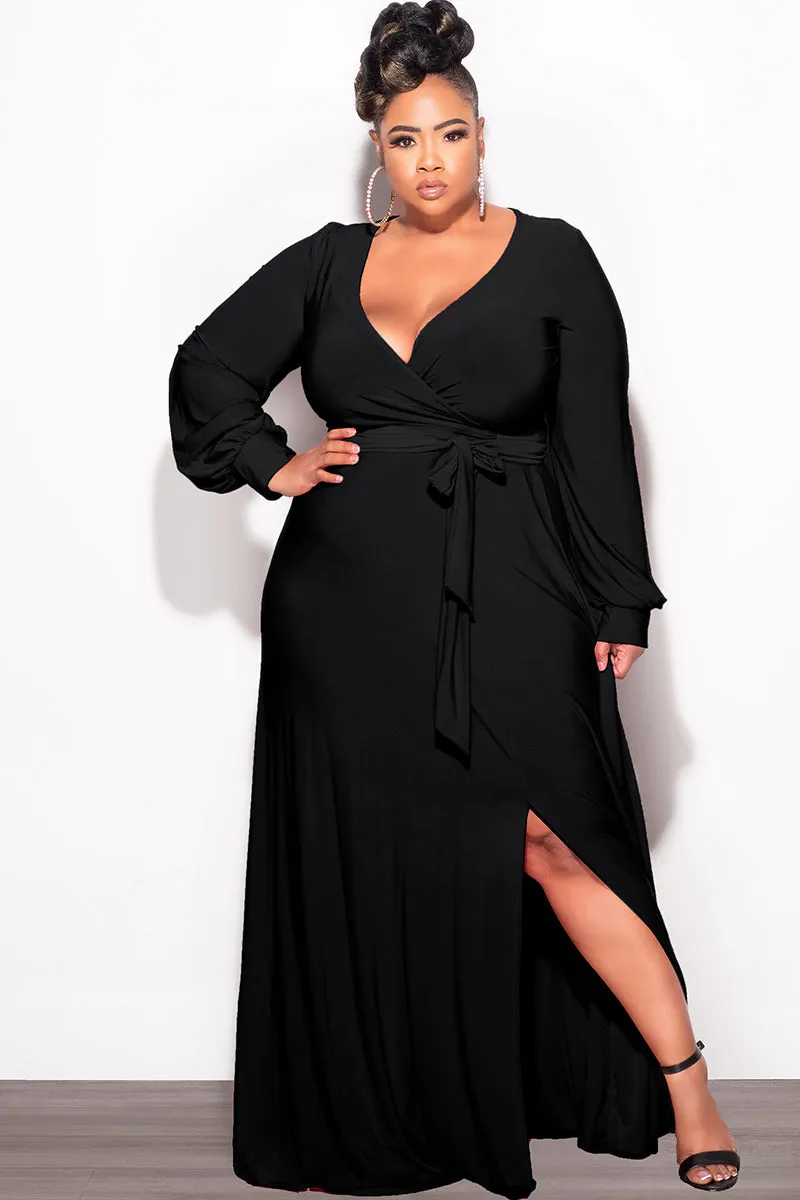 Four Way Stretch Final Sale Plus Size Faux Wrap Maxi Dress with Side Slit in Black