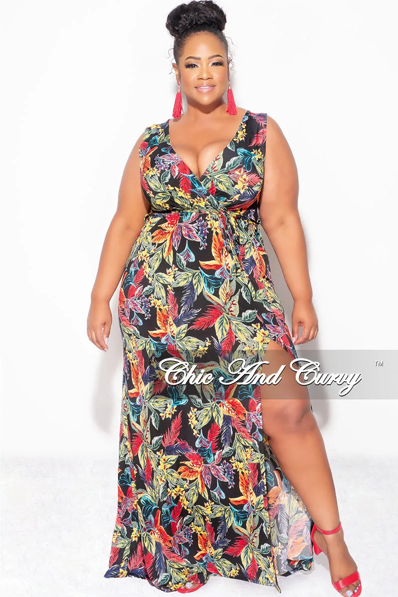 Reflective accents Timeless Style Final Sale Plus Size Faux Wrap Maxi Dress with Side Slit in Black Multi Color Leaf Print