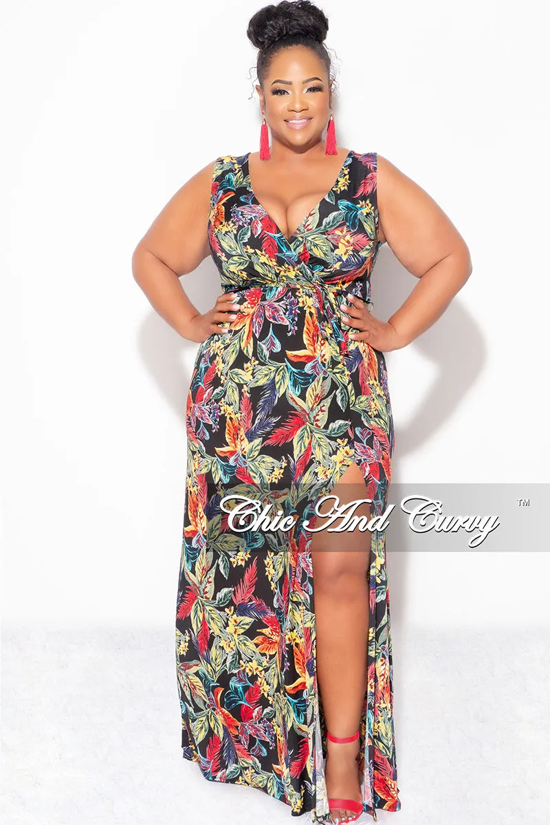 Final Sale Plus Size Faux Wrap Maxi Dress with Side Slit in Black Multi Color Leaf Print Layered Comfort Cozy Waist