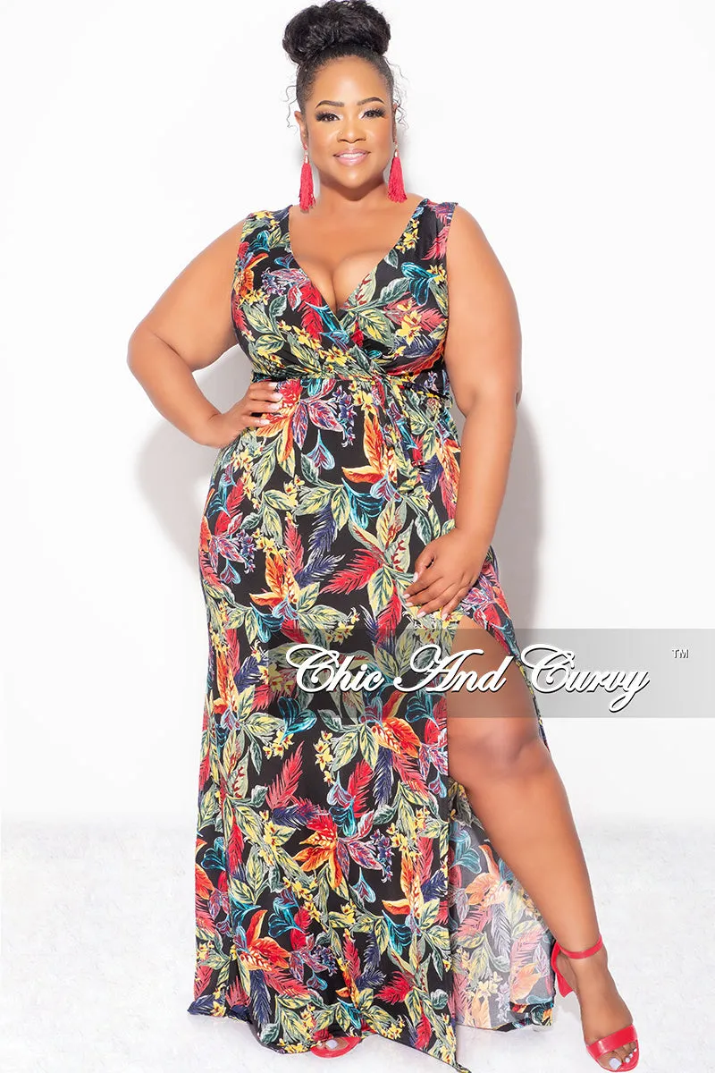 Sport Ready BreathableMaterial Final Sale Plus Size Faux Wrap Maxi Dress with Side Slit in Black Multi Color Leaf Print