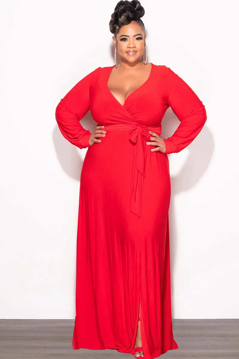 Perfect Comfort Fit Carbon Infused Fabric Final Sale Plus Size Faux Wrap Maxi Dress with Side Slit in Red