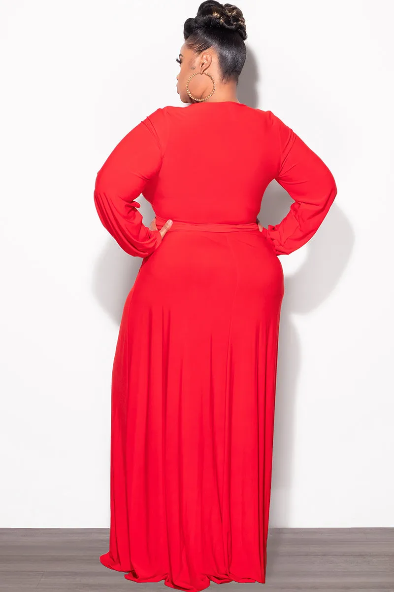 Final Sale Plus Size Faux Wrap Maxi Dress with Side Slit in Red Ripstop Fabric Technology
