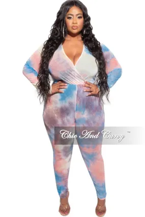 Versatile staple Wardrobe Essential Final Sale Plus Size Faux Wrap Mesh Jumpsuit in Pink, Yellow and Blue Tie Dye
