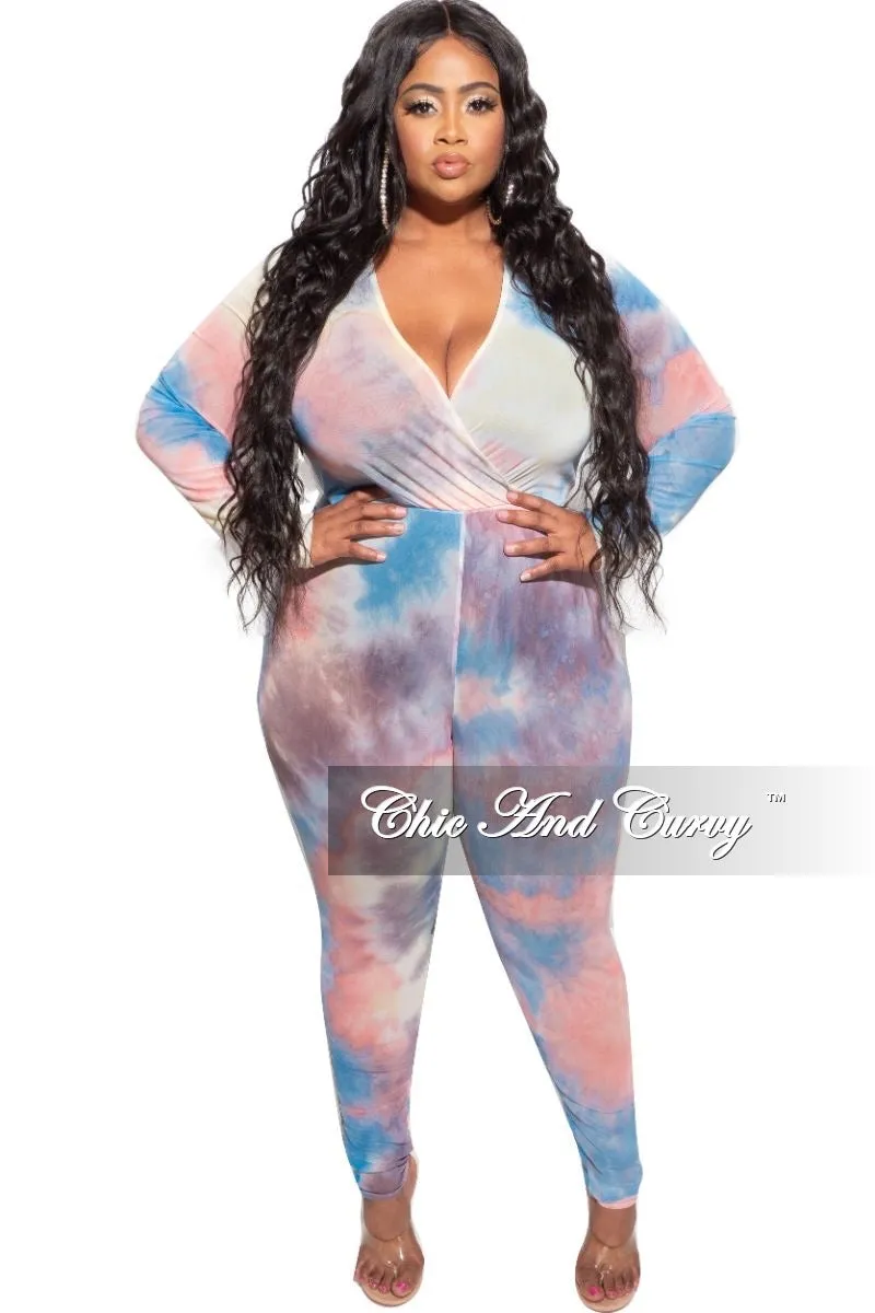 Versatile staple Wardrobe Essential Final Sale Plus Size Faux Wrap Mesh Jumpsuit in Pink, Yellow and Blue Tie Dye
