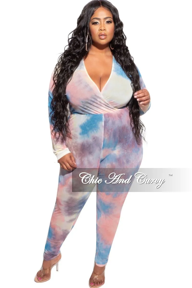 Easy Care Carbon Infused Fabric Final Sale Plus Size Faux Wrap Mesh Jumpsuit in Pink, Yellow and Blue Tie Dye