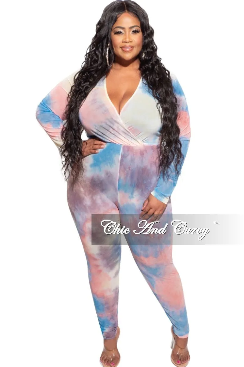 Final Sale Plus Size Faux Wrap Mesh Jumpsuit in Pink, Yellow and Blue Tie Dye ReinforcedSeams Slim Stretch Fit