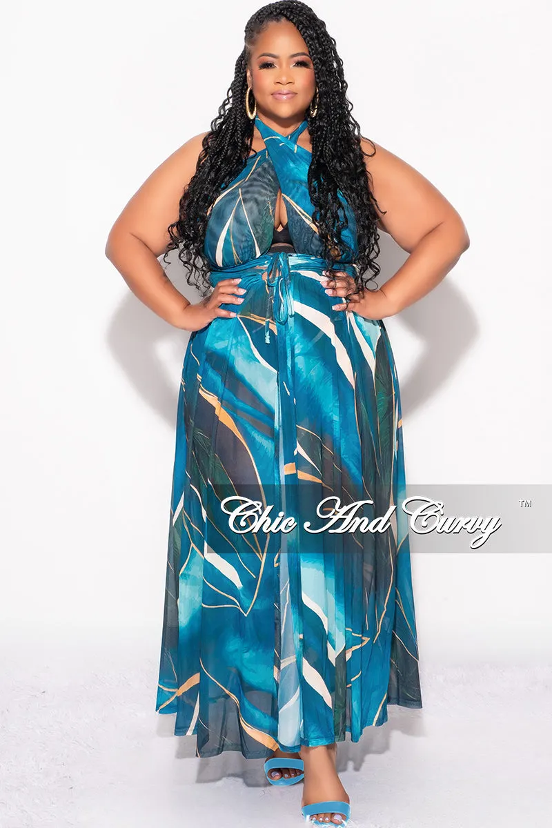 Tear Resistant Fabric FlexibleKneePanels Final Sale Plus Size Faux Wrap Mesh Maxi Cover Up with Double Slits in Blue Multi Color