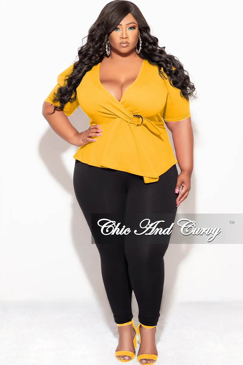 Tough Flex Final Sale Plus Size Faux Wrap Peplum Top in Mustard