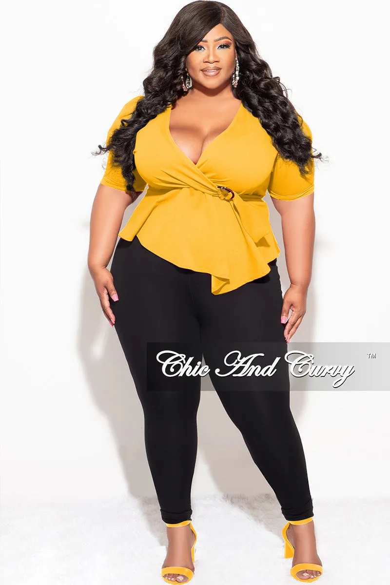 Sporty Stretch Fit High Stretch Fit Final Sale Plus Size Faux Wrap Peplum Top in Mustard