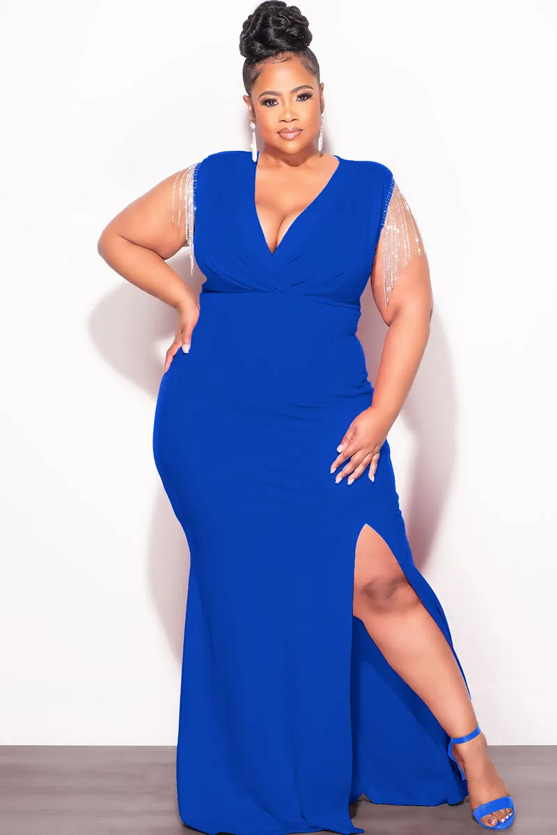 Sleek Comfort Final Sale Plus Size Faux Wrap Rhinestone Fringe Sleeve Maxi Dress in Royal Blue