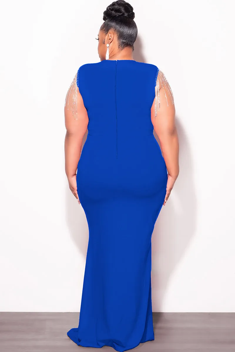Final Sale Plus Size Faux Wrap Rhinestone Fringe Sleeve Maxi Dress in Royal Blue Comfort Wear Fit SeamlessPockets