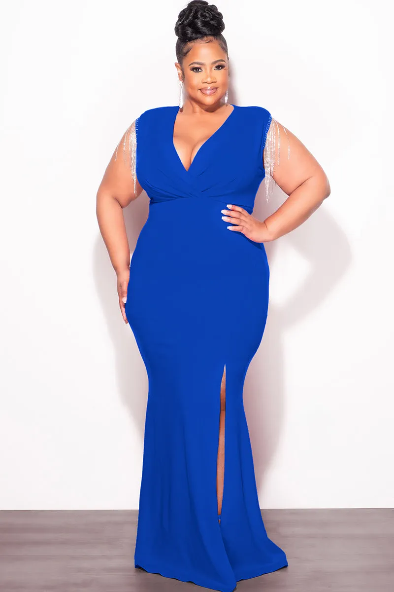 Final Sale Plus Size Faux Wrap Rhinestone Fringe Sleeve Maxi Dress in Royal Blue TaperedLeg ReinforcedBeltLoops