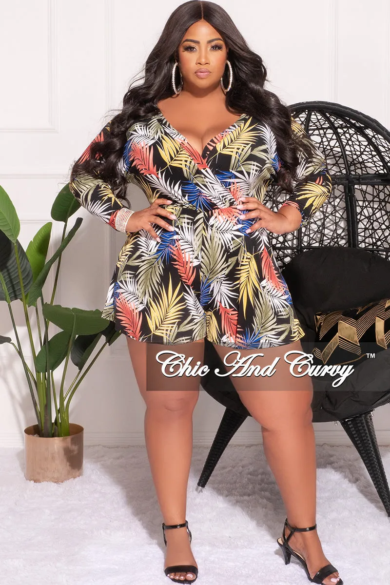 Final Sale Plus Size Faux Wrap Romper in Black Tropical Print Tagless Labeling