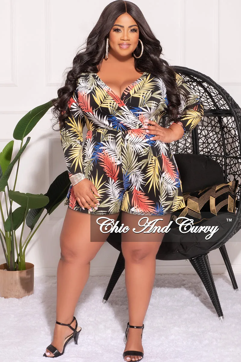 Final Sale Plus Size Faux Wrap Romper in Black Tropical Print QuickDryTech