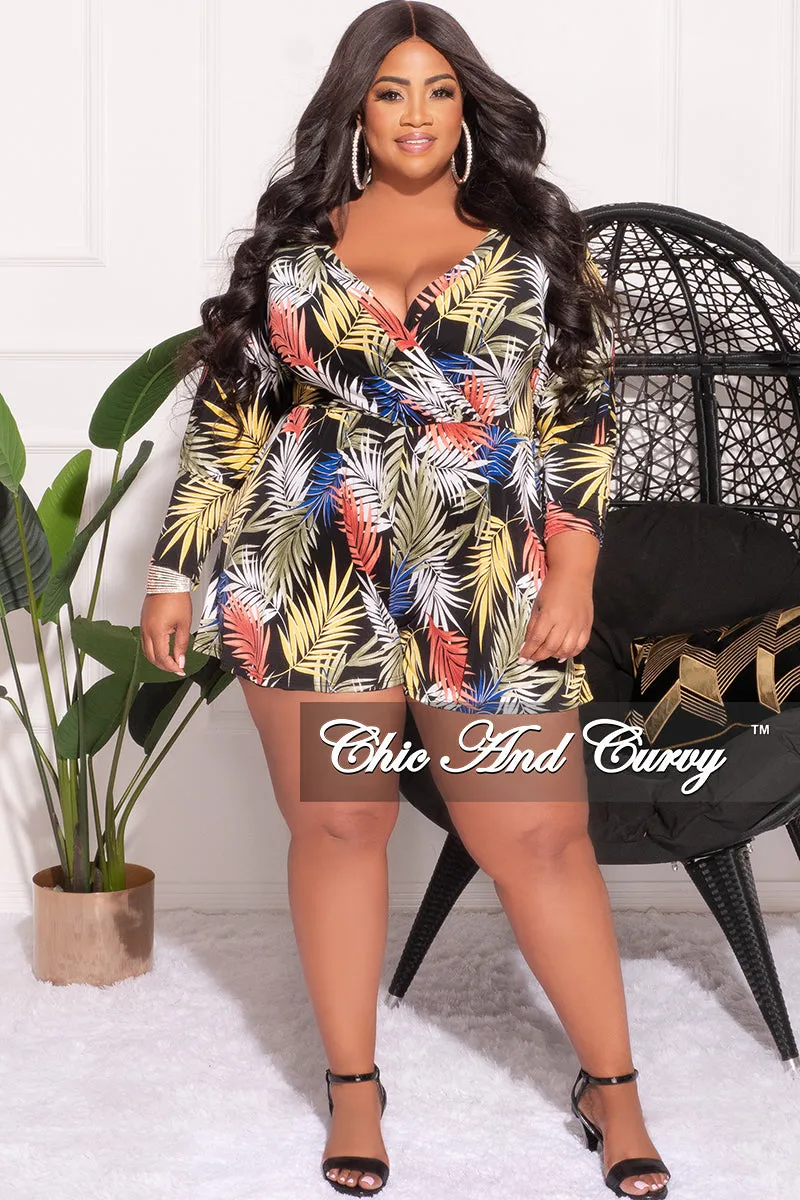 Durable Waistband Final Sale Plus Size Faux Wrap Romper in Black Tropical Print