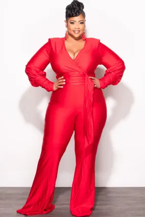 Final Sale Plus Size Faux Wrap Ruched Sleeve Shiny Jumpsuit in Red FlexibleStretchWeave Secure Waistband