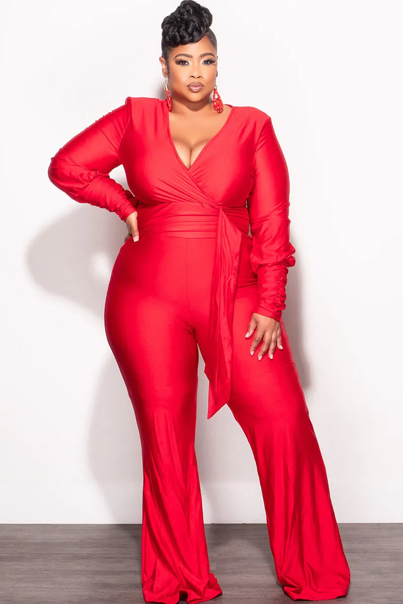 Thermal regulation Final Sale Plus Size Faux Wrap Ruched Sleeve Shiny Jumpsuit in Red