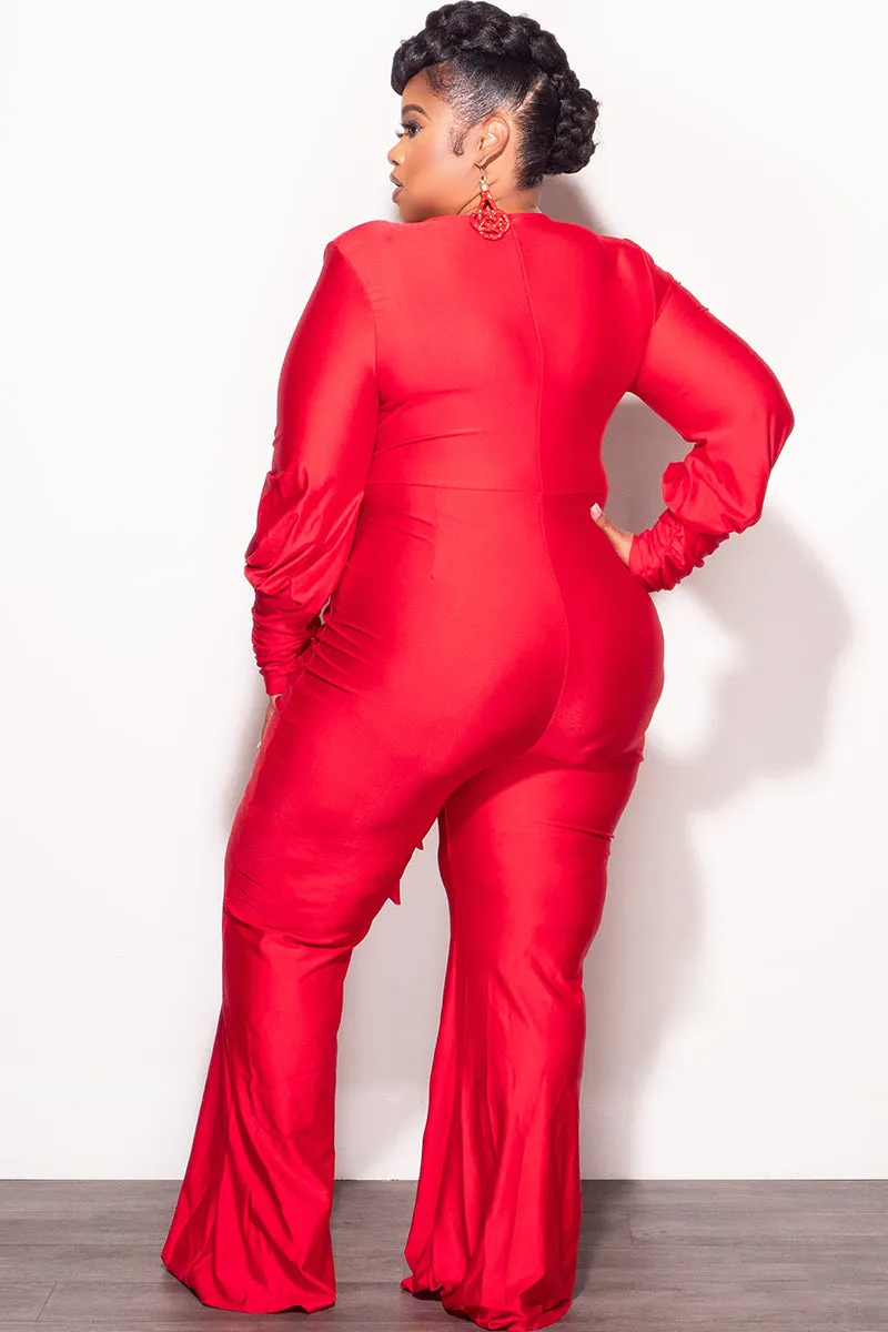 Final Sale Plus Size Faux Wrap Ruched Sleeve Shiny Jumpsuit in Red Comfy Wearable Comfort Waist