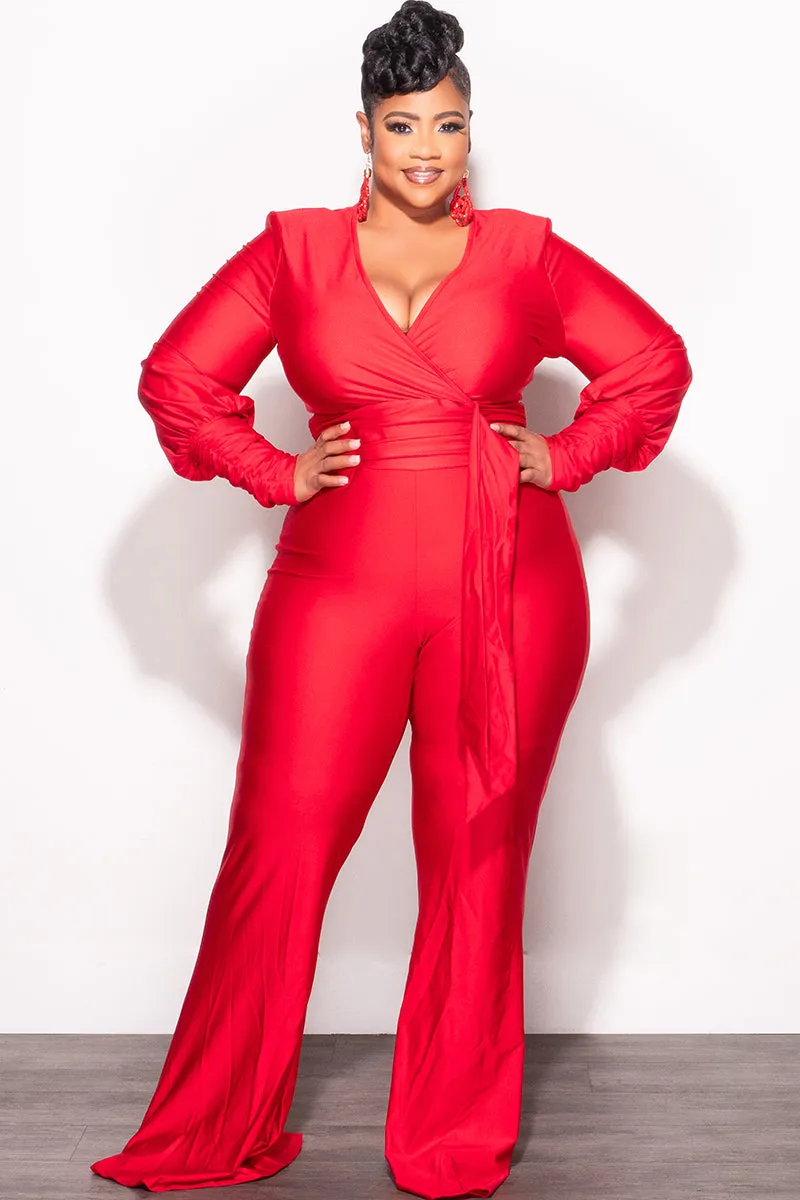Flexible Waist Final Sale Plus Size Faux Wrap Ruched Sleeve Shiny Jumpsuit in Red