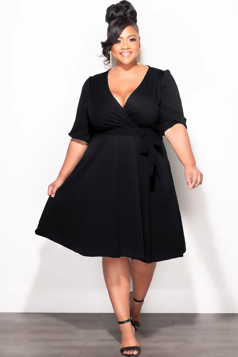 Final Sale Plus Size Faux Wrap Skater Dress in Black Weekend Style Outdoor Friendly