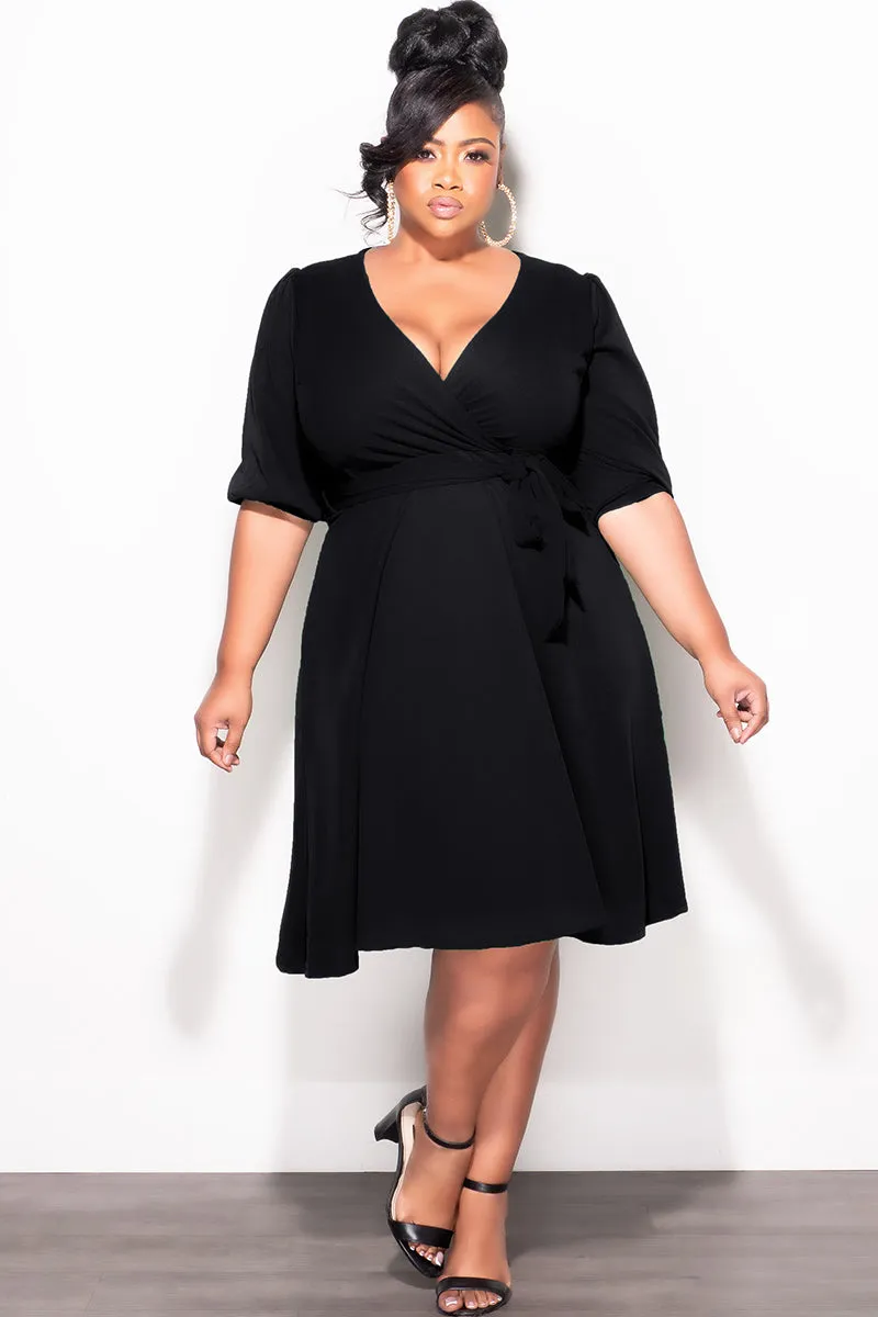 Daywear WindResistantMaterial Final Sale Plus Size Faux Wrap Skater Dress in Black