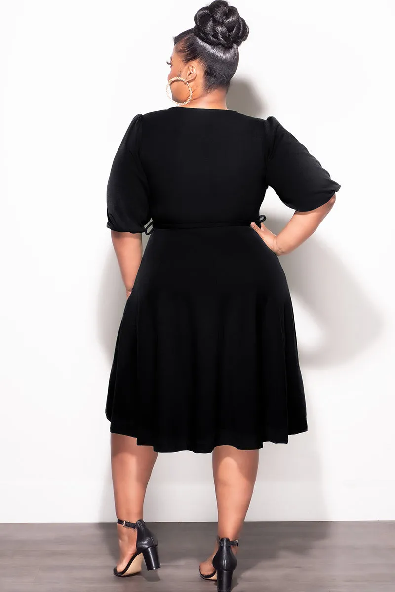 Cozy Stretch Fit Final Sale Plus Size Faux Wrap Skater Dress in Black