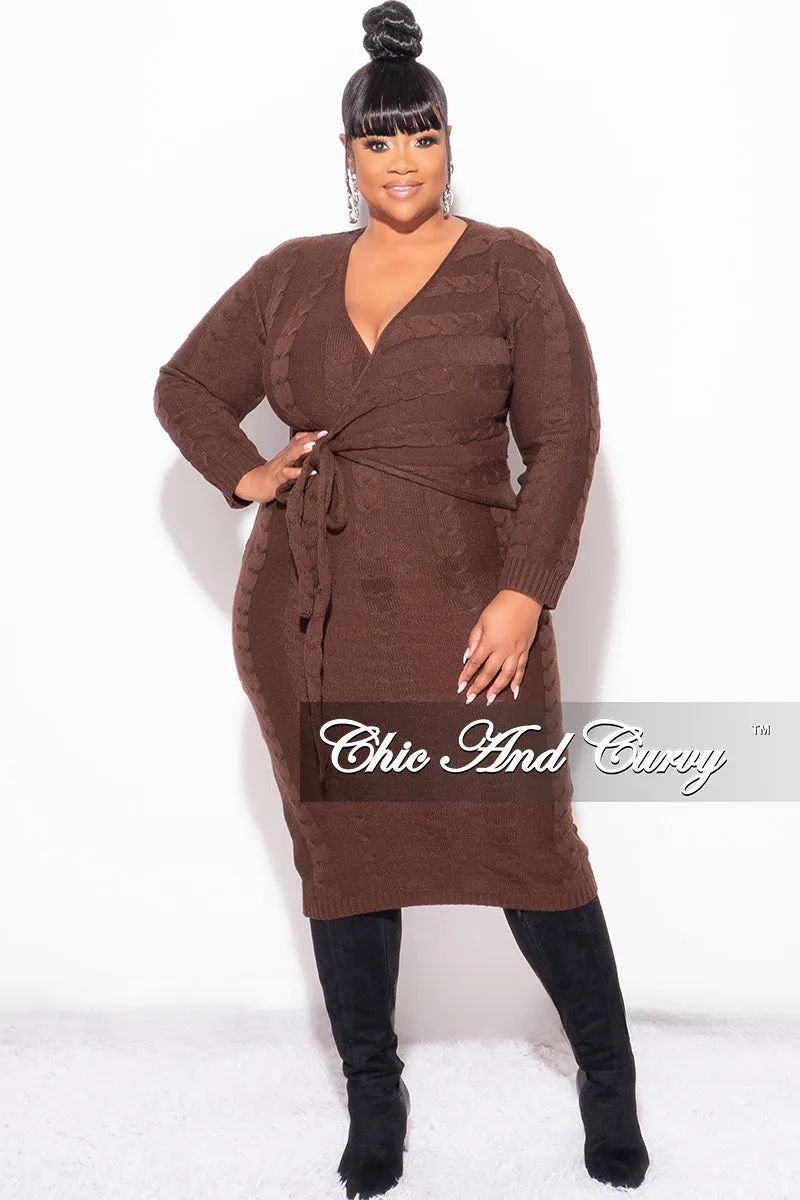 Ripstop Fabric Technology Final Sale Plus Size Faux Wrap Sweater Dress in Brown
