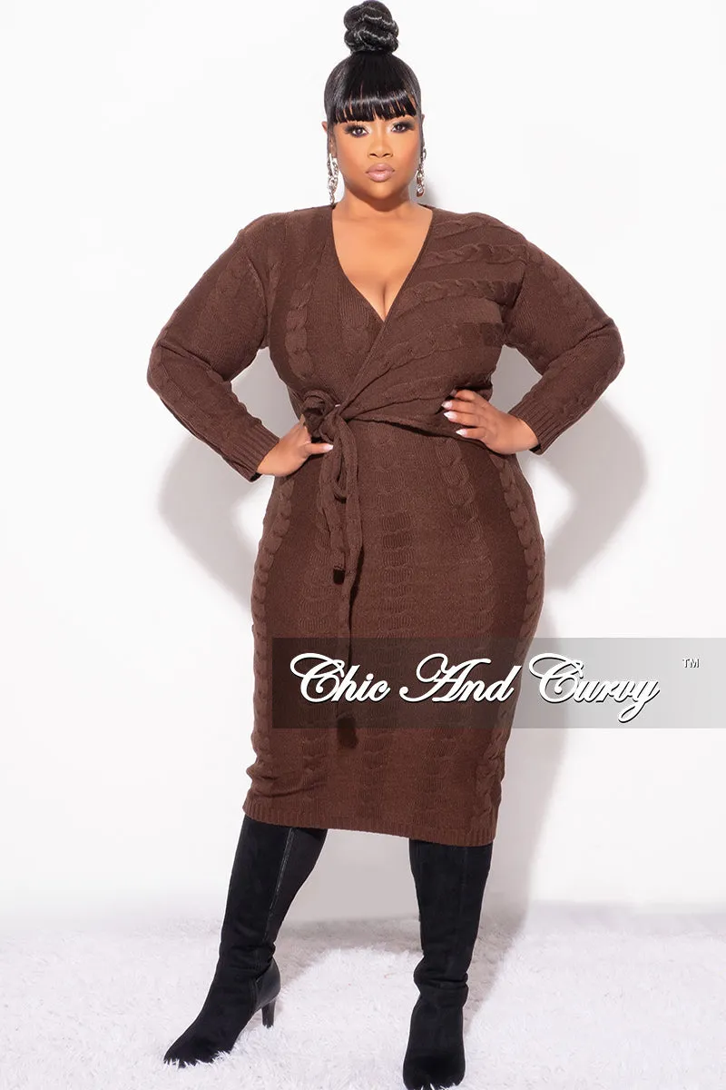 Water Repellent Coating Quick Comfort Fit Final Sale Plus Size Faux Wrap Sweater Dress in Brown