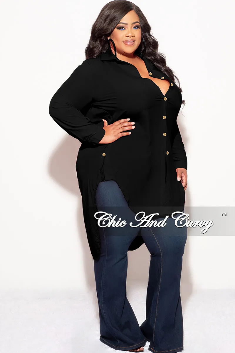 No Fuss Final Sale Plus Size Final Sale Plus Size Collar Button Up High-Low Top in Black