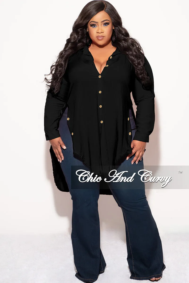 Final Sale Plus Size Final Sale Plus Size Collar Button Up High-Low Top in Black WindproofLayer HighRiseWaistband