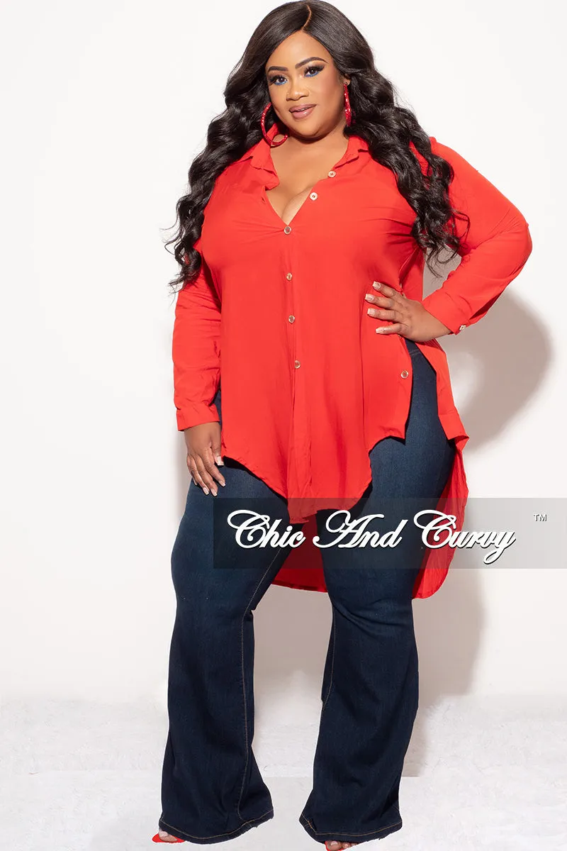 Adaptable Fit Comfy Style Final Sale Plus Size Final Sale Plus Size Collar Button Up High-Low Top in Red