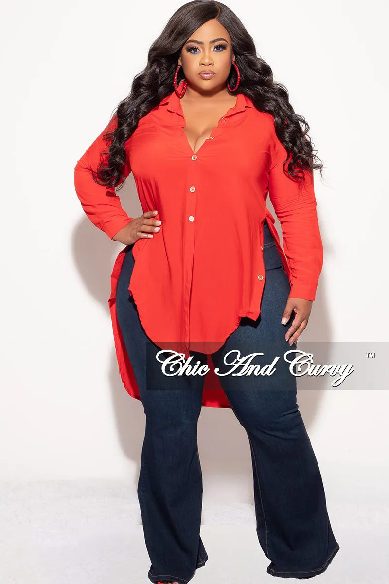 AntiSlipWaistband Final Sale Plus Size Final Sale Plus Size Collar Button Up High-Low Top in Red