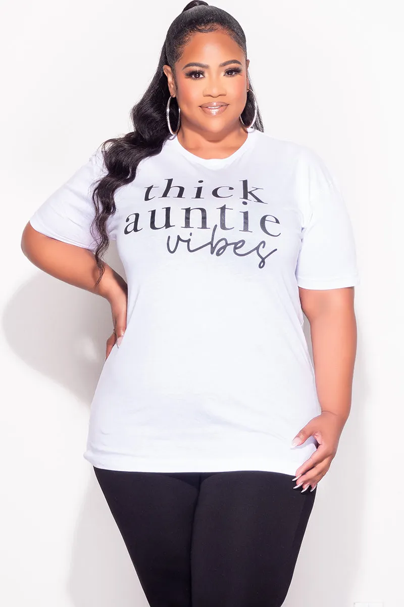 Final Sale Plus Size Fitted "Thick Auntie Vibes Graphic T-shirt in  White and Black Denim finish