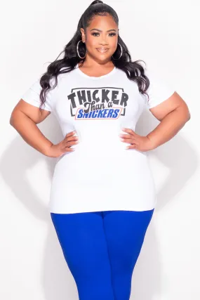 Final Sale Plus Size Fitted "Thicker Than a Snickers Graphic T-shirt in  White Casual Layer
