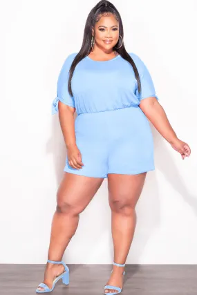 Chill Mode Final Sale Plus Size French Terry Romper with Self Tie Back in Soft Blue