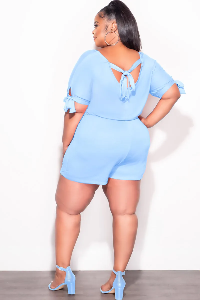 Comfortable Cut Final Sale Plus Size French Terry Romper with Self Tie Back in Soft Blue