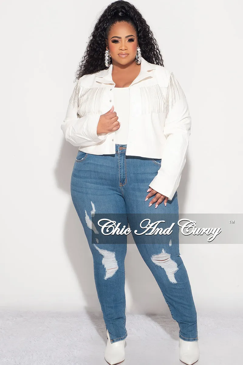 Recycled Polyester Blend Final Sale Plus Size Fringe Faux Leather Jacket  in White