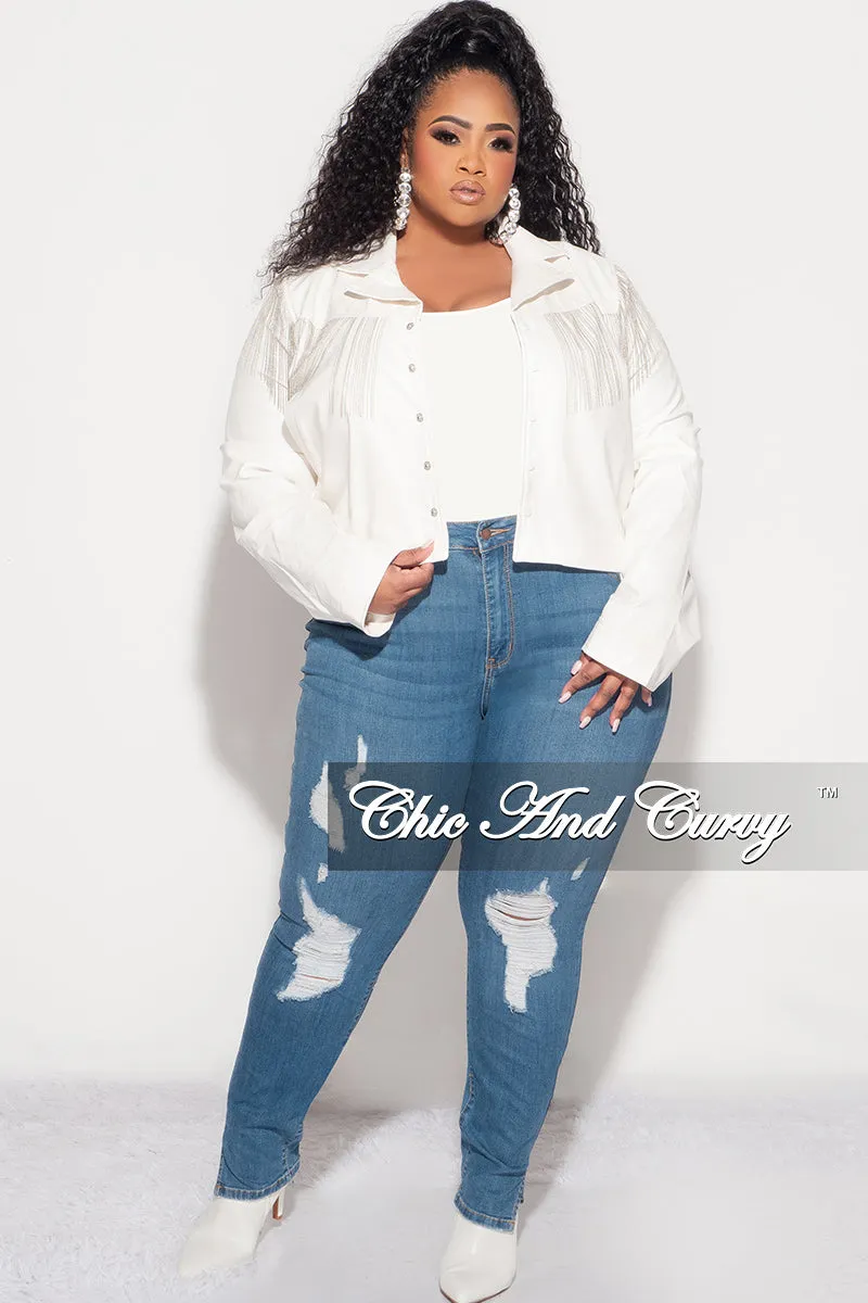 Final Sale Plus Size Fringe Faux Leather Jacket  in White Trail Ready Tough Build