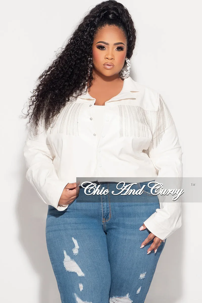 Stay Dry Tagless Design Final Sale Plus Size Fringe Faux Leather Jacket  in White