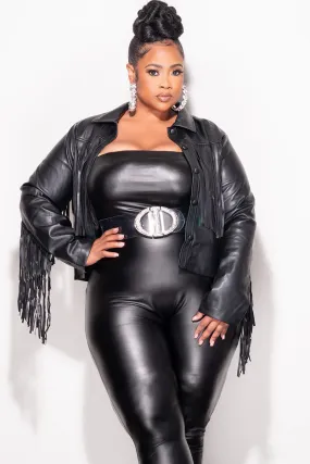 Hip Friendly Pockets Stretch waistband Final Sale Plus Size Fringe Faux Leather Top / Jacket in Black