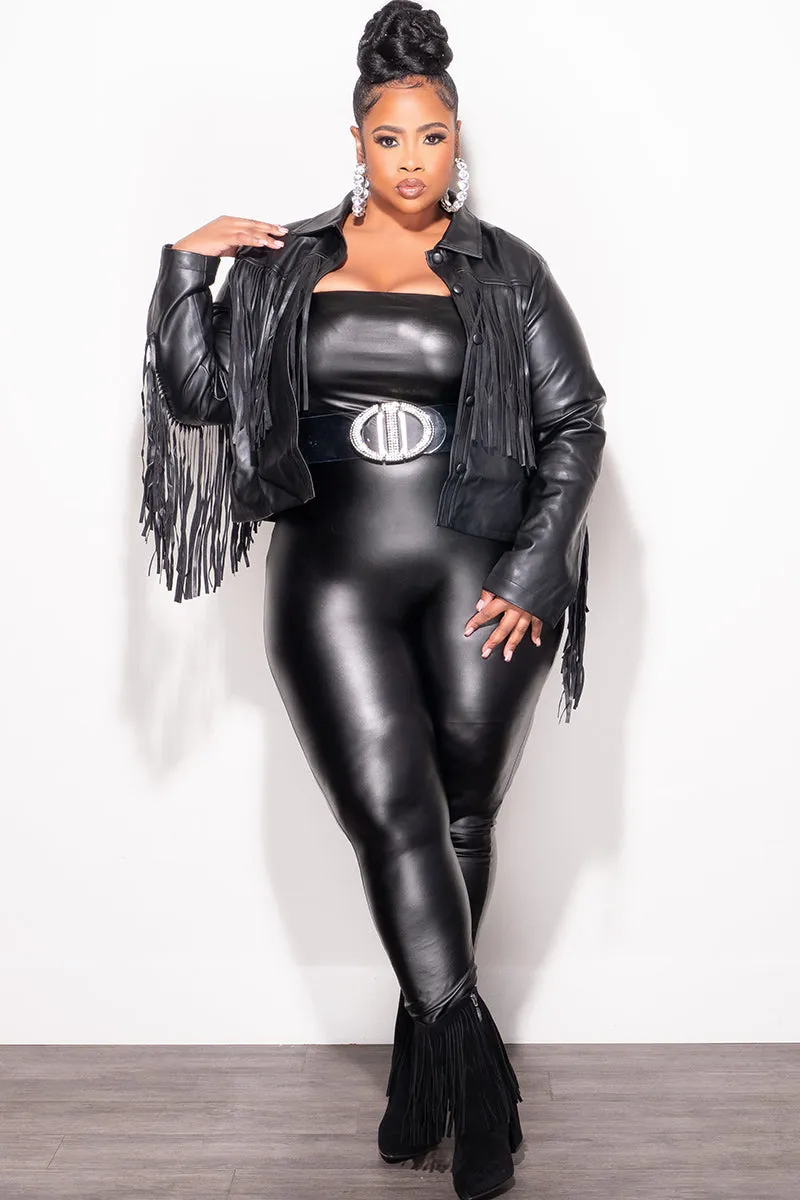 Final Sale Plus Size Fringe Faux Leather Top / Jacket in Black Moisture Wicking Fabric Neutral Fit