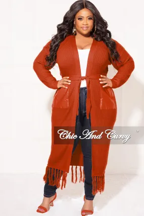 Active Layers Ultra Soft Inner Layer Final Sale Plus Size Fringe Knit Sweater Duster with Faux Leather Pockets in Rust