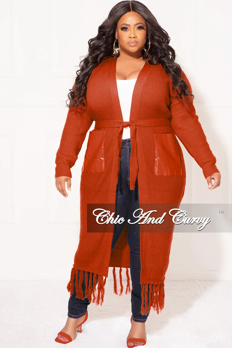Final Sale Plus Size Fringe Knit Sweater Duster with Faux Leather Pockets in Rust Breath Fit