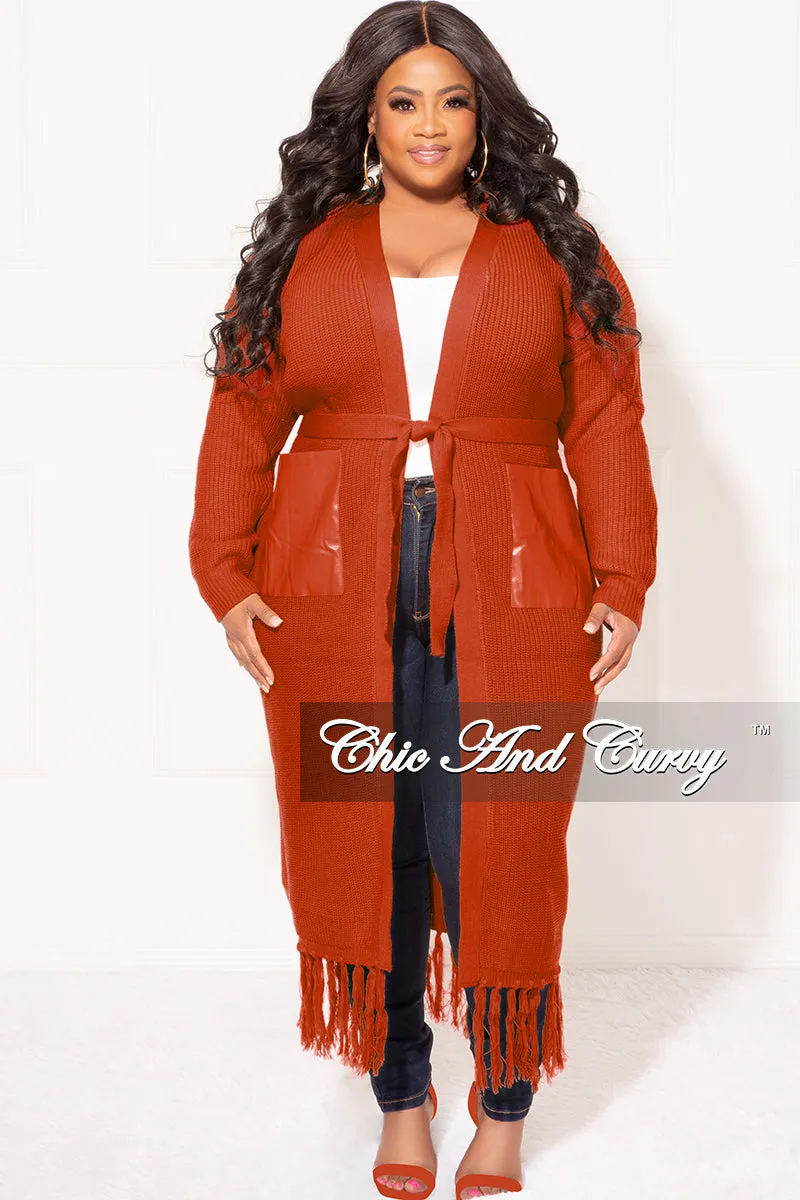 SmoothZipper Final Sale Plus Size Fringe Knit Sweater Duster with Faux Leather Pockets in Rust