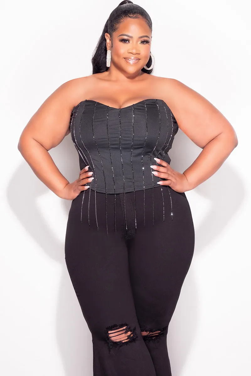 Final Sale Plus Size Fringe Rhinestone Tube Top in Black Slim Look Fit smooth zipper