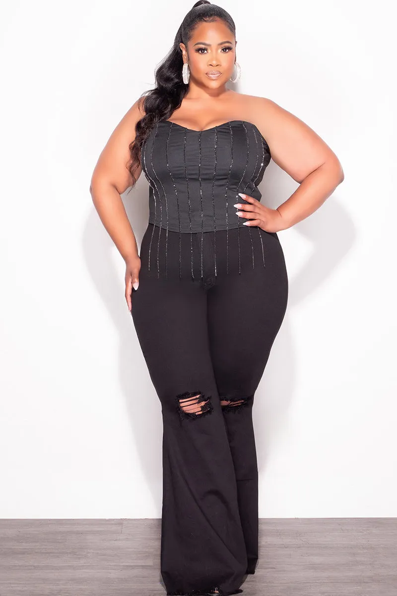 High Durability Stitching Utility pocket Final Sale Plus Size Fringe Rhinestone Tube Top in Black