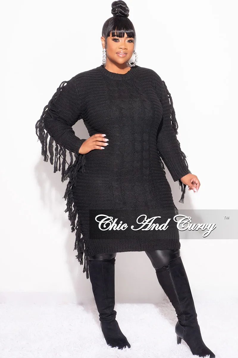 Final Sale Plus Size Fringe Sweater Dress in Black Windproof Membrane Casual Comfort Wear