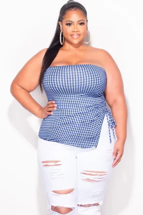 Final Sale Plus Size Gingham Tube Top with Drawstring Ruched Side in Royal Blue & White Quick Dry Fit
